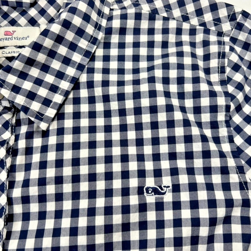 Vineyard Vines Button Down Women 12 Navy Gingham Whale Logo Classic Fit Preppy - Picture 6 of 10